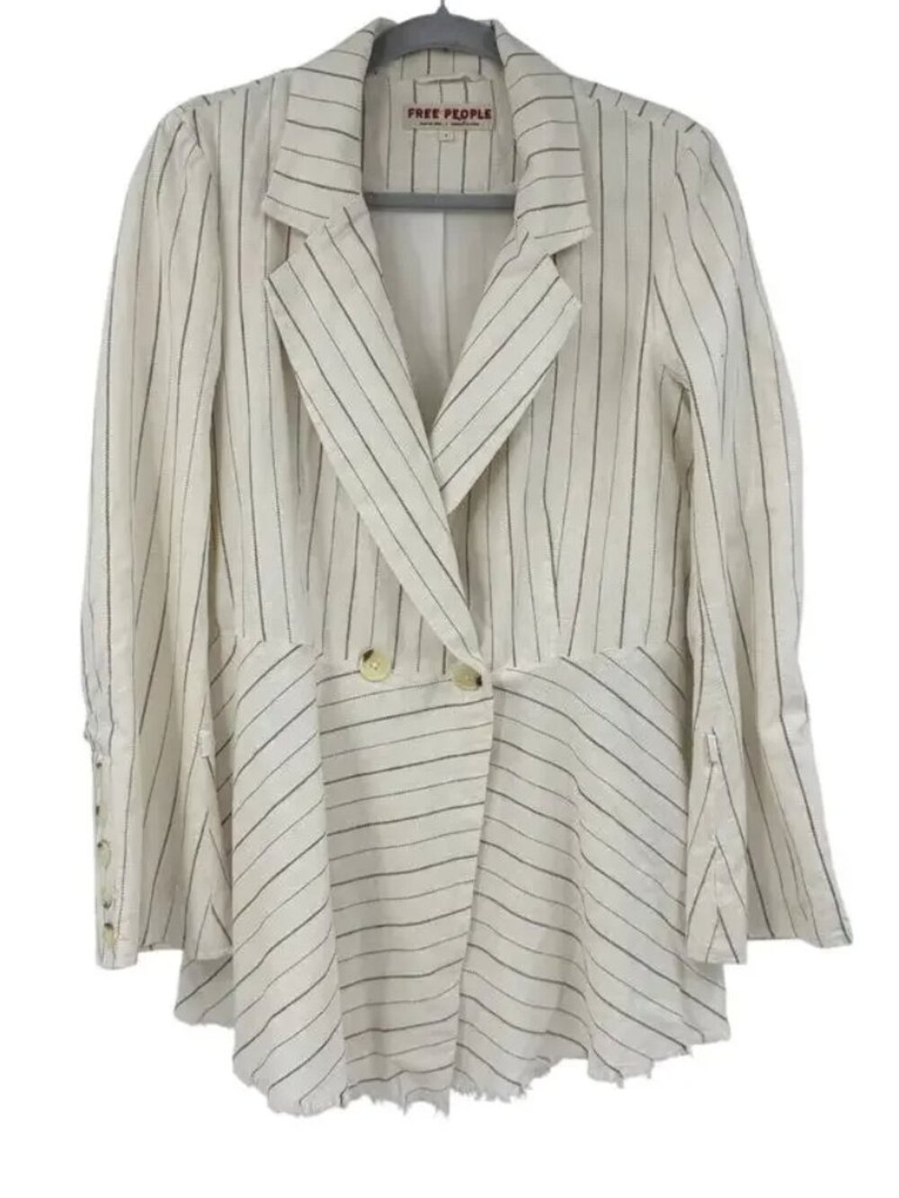 Free People Stella Double Breasted Fray Hem Stripe Linen Blazer Medium Off White